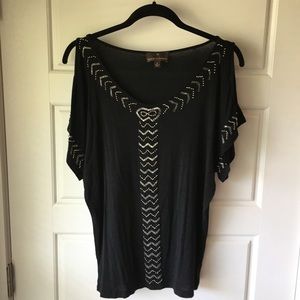 Black Beaded Cold Shoulder Top